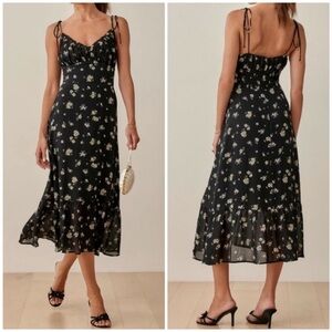 Reformation Embry Floral Print Black Daisy Midi Dress Size 0